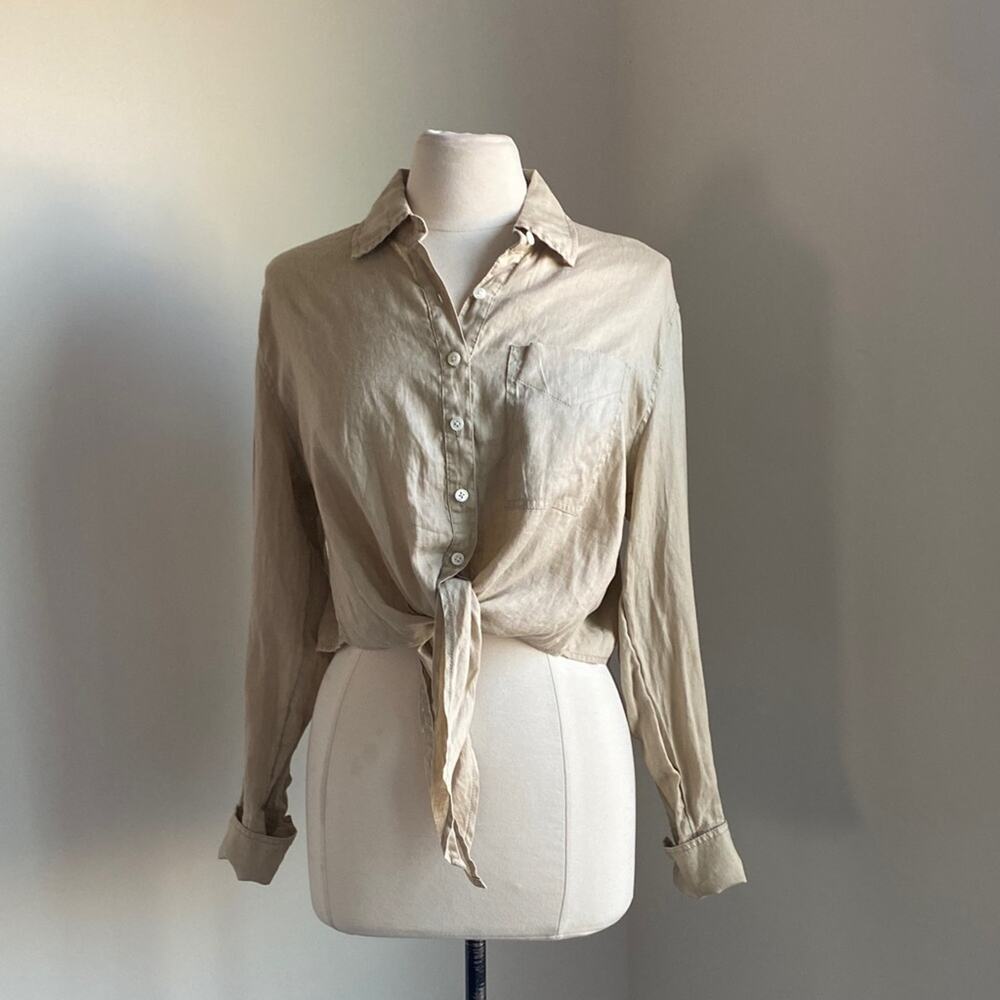 ATM Button-Up Tie Front Shirt Womens Sz Medium Tan Beige Cropped Linen